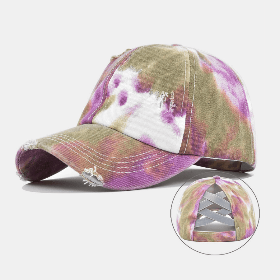 Unisex Colored Tie-Dye Ponytail Baseball Cap Broken Hole Big Brim Breathable Stretch Fit Cap - MRSLM