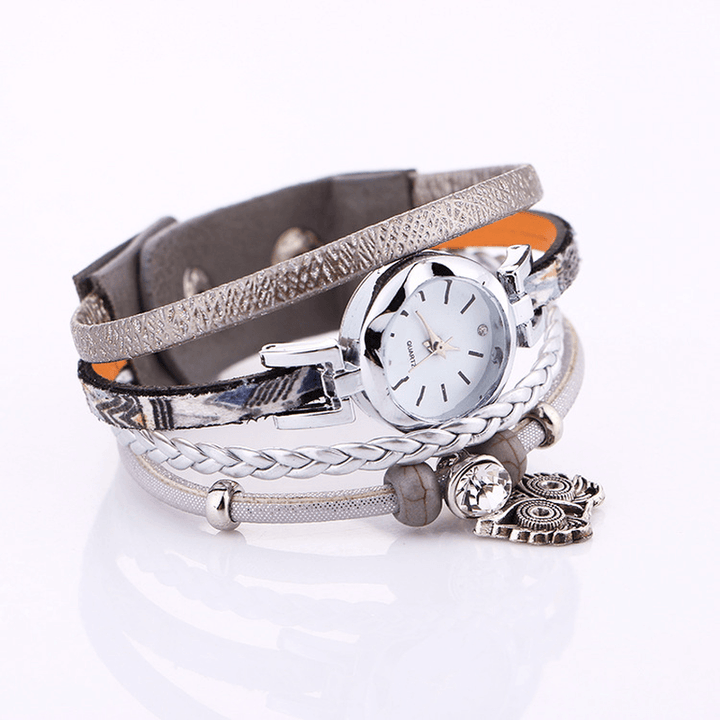Bohemian Cute Owl Leather Bracelet Watch Ethnic Metal Rhinestone Multi-Layer Wrist Watches - MRSLM
