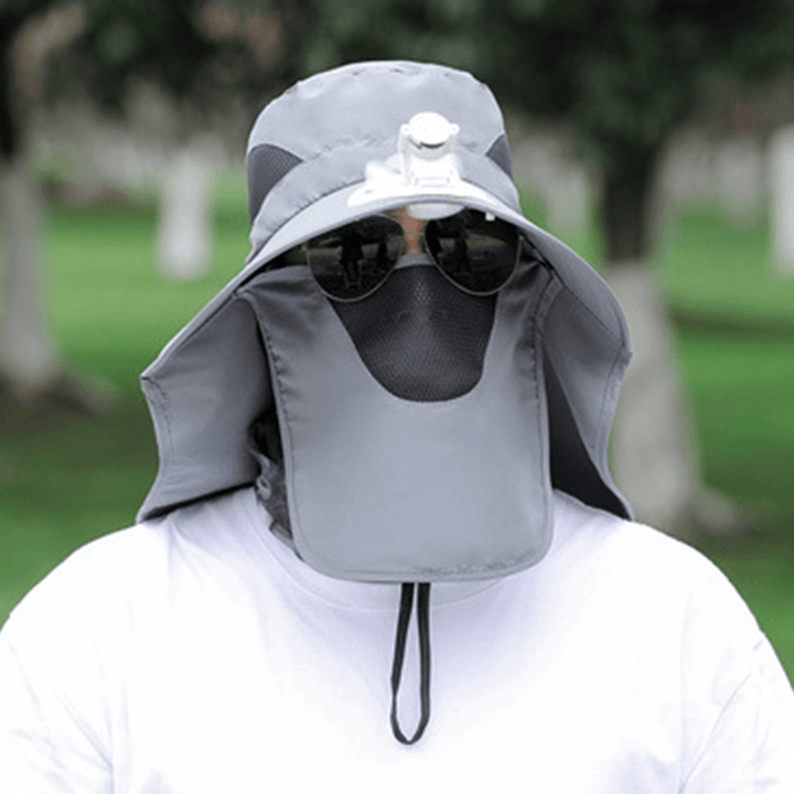 Men Mesh Breathable Mask Curtain Long Cloak 360 Degree Sun Protection Hat with Fan Outdoor Casual Bucket Hat - MRSLM