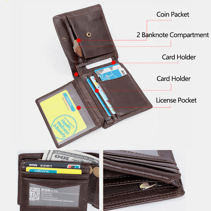 Men Genuine Leather RFID Anti-Theft Vintage Short Multi-Card Slot Card Holder Coin Purse Bifold Money Clip Wallets - MRSLM