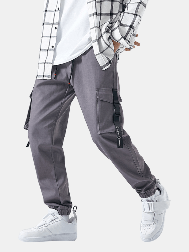 Mens Cotton Solid Drawstring Elastic Ankle Cargo Pants with Push Buckle Pocket - MRSLM