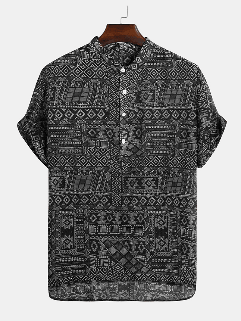 Mens Abstract Printing Ethnic Style Short Sleeve Loose Casual Henley Shirts - MRSLM