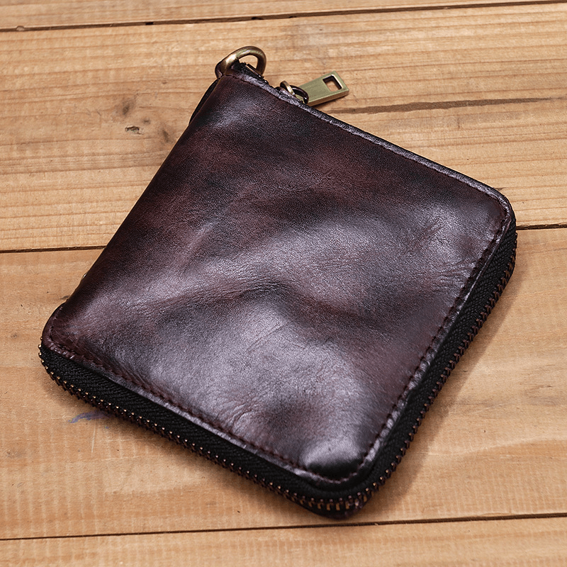 Men Genuine Leather Vintage Short Distressed Folds Zipper Card Holder Coin Purse Money Clip Wallet - MRSLM