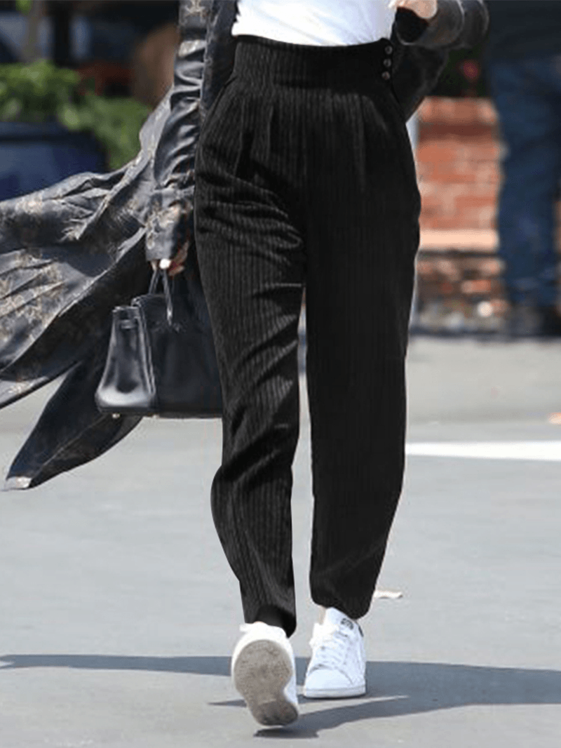 Women Pure Color Elastic Waist Corduroy Side Button Retro Harem Pants - MRSLM