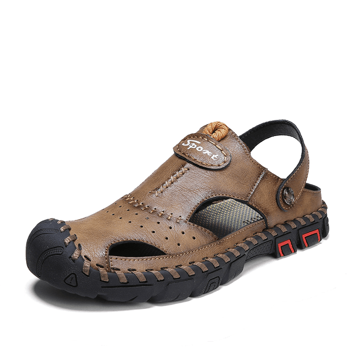 Men Genuine Leather Breathable Hand Stitching Two Ways Soft Bottom Outdoor Casual Sandals - MRSLM