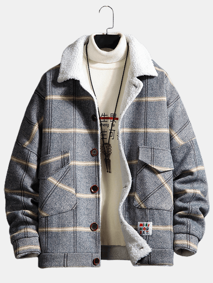 Mens Plaid Button Front Lapel Sherpa Lined Warm Double Pocket Jacket - MRSLM