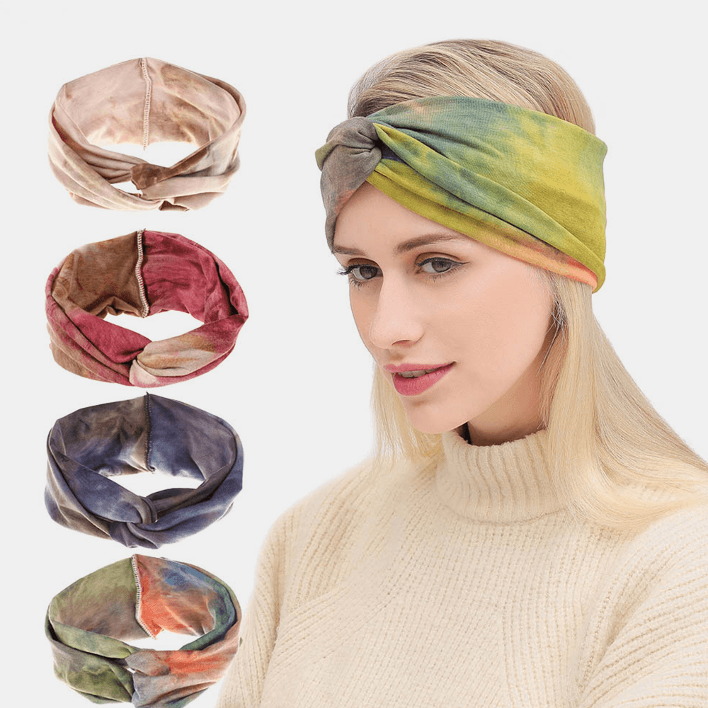 Women Tie-Dyed Cross Headdress Elastic Outdoor Sport Wide Brim Hair Band Headband - MRSLM