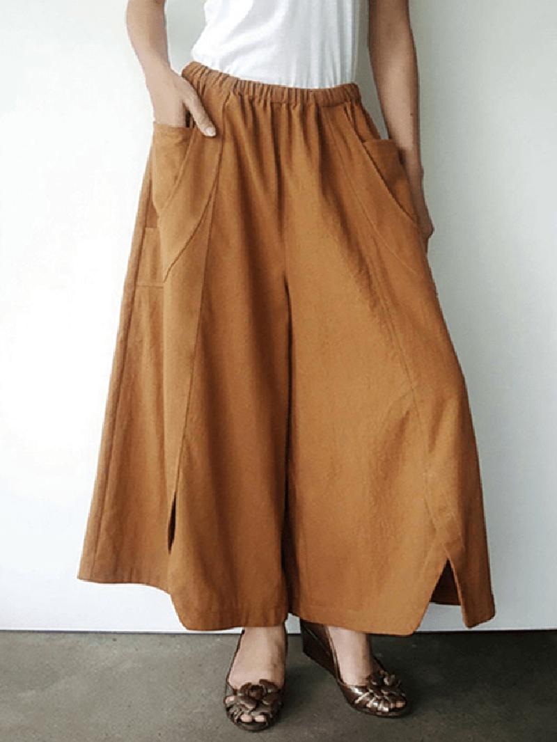 Women Cotton Solid Color Side Pockets Front Fork Wide Leg Pants - MRSLM