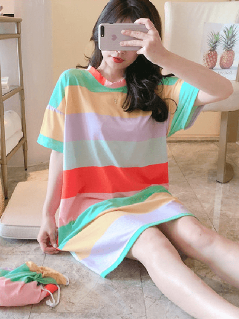 Women Colorful Striped Nightdress Oversize Short Sleeve Comfy Pajamas - MRSLM