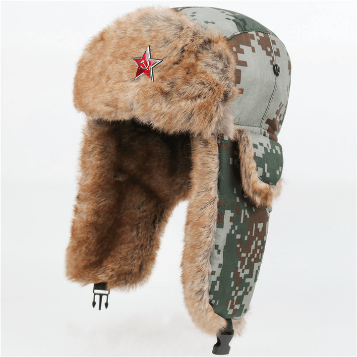 Men Camouflage Soviet Badge Trapper Hat Winter Thicken Warm Cool Protection Ear Protection Russian Hat - MRSLM