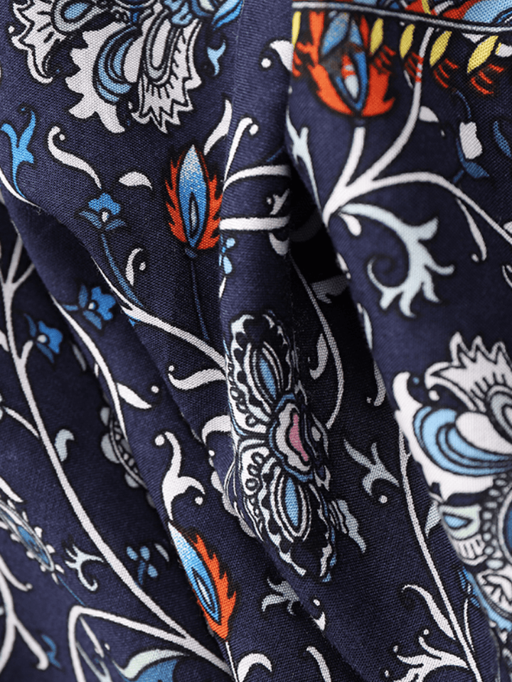 Bohemian Women Floral Print V-Neck Puff Sleeve Button Cuffs Casual Mini Dress - MRSLM