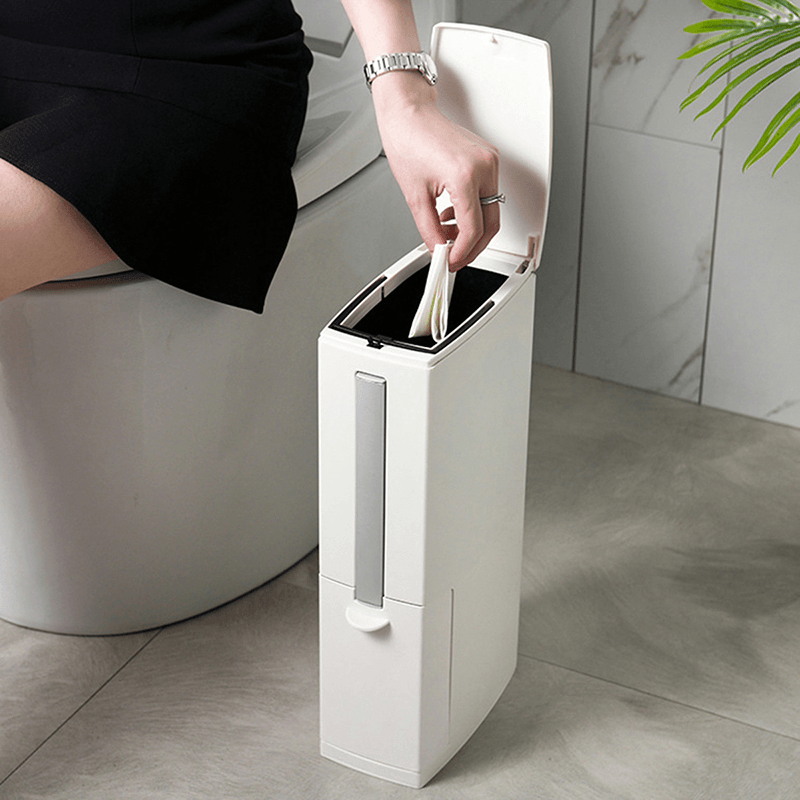 3 in 1 Narrow Plastic Trash Can Set with Toilet Cleaning Brushes Bathroom Waste Bin Dustbin Trash Cans - MRSLM
