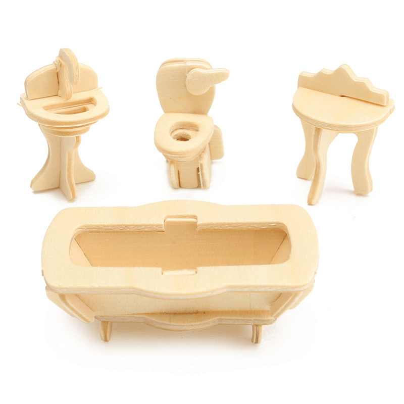 34 Pcs 3D DIY Wooden Miniature Dollhouse Furniture Model Unpainted Suite Toys - MRSLM