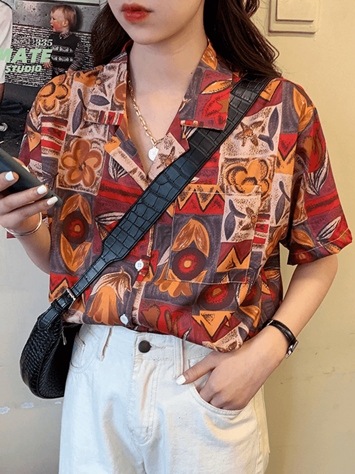 Women Vintage Floral Printed Lapel Collar Casual Shirts - MRSLM