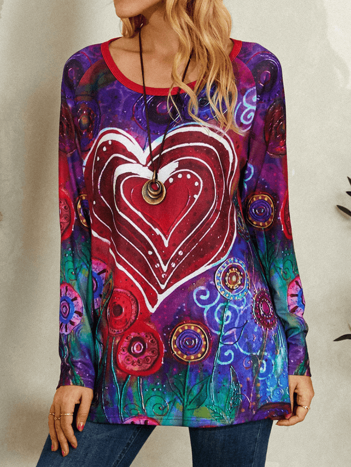 Women Graffiti Heart Floral Print round Neck Casual Long Sleeve T-Shirt - MRSLM