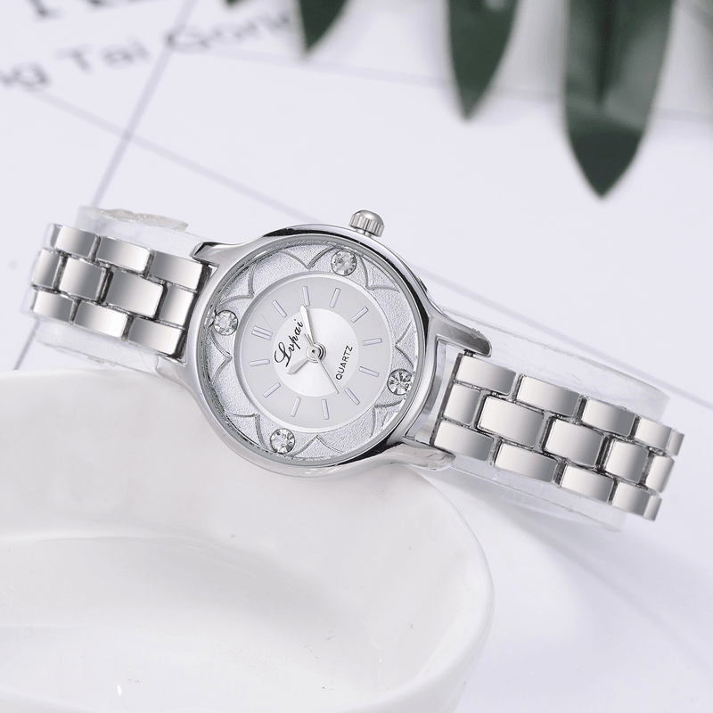 LVPAI FD1245 Flower Print Dial Ladies Bracelet Watch Alloy Diamond Quartz Watch - MRSLM