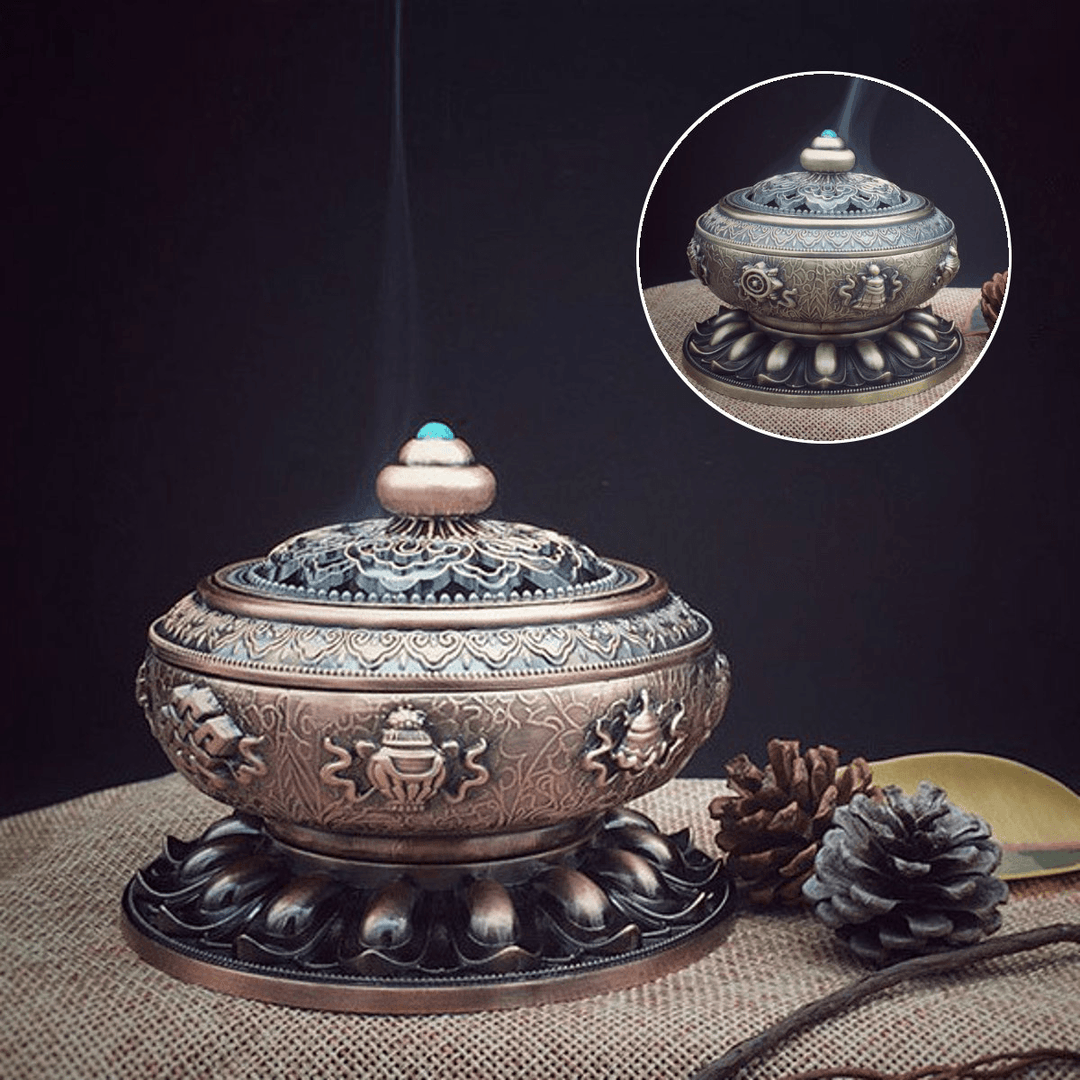 Vintage Alloy Cone Incense Burner Holder Bowl with Lid Base Home Buddhism Decorations - MRSLM