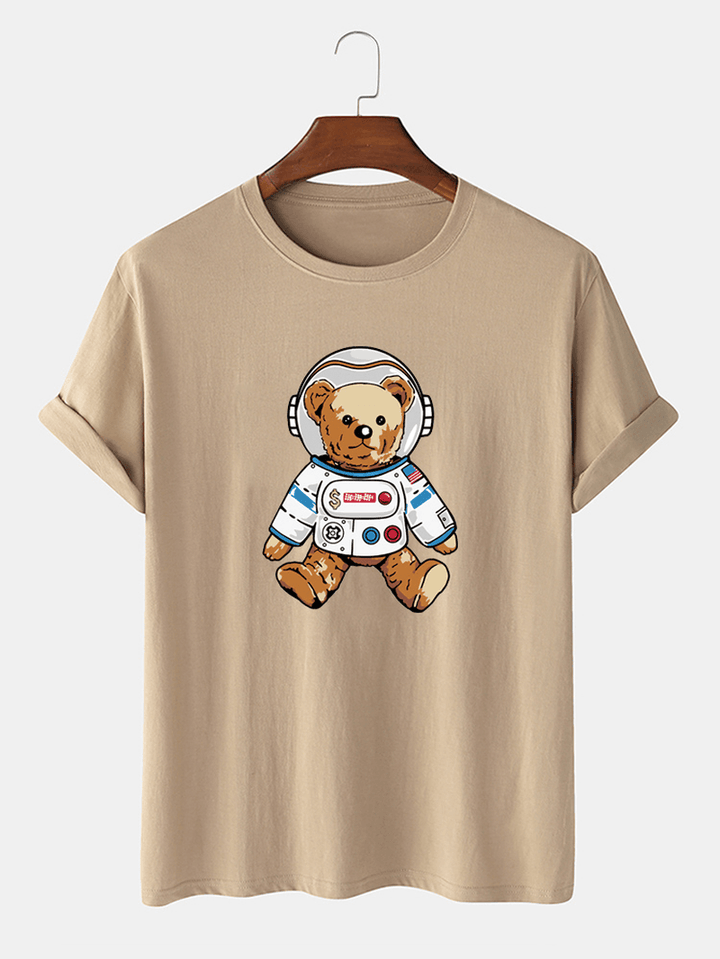 Mens Cartoon Astronaut Bear Print O-Neck Short Sleeve Casual T-Shirt - MRSLM