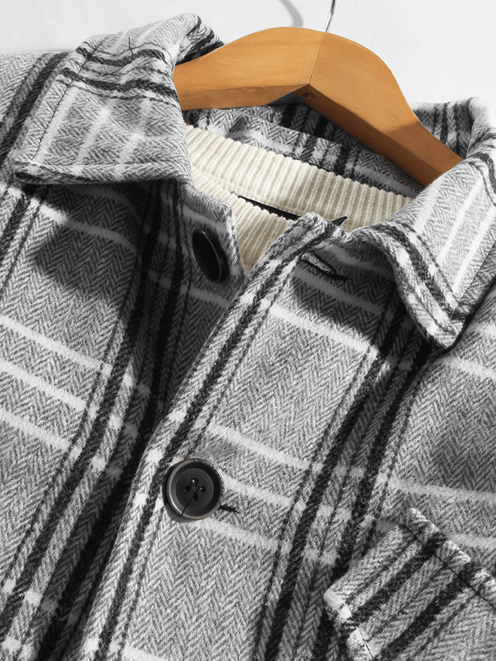 Mens Plaid Button up Warm Long Sleeve Pocket Woolen Jacket - MRSLM