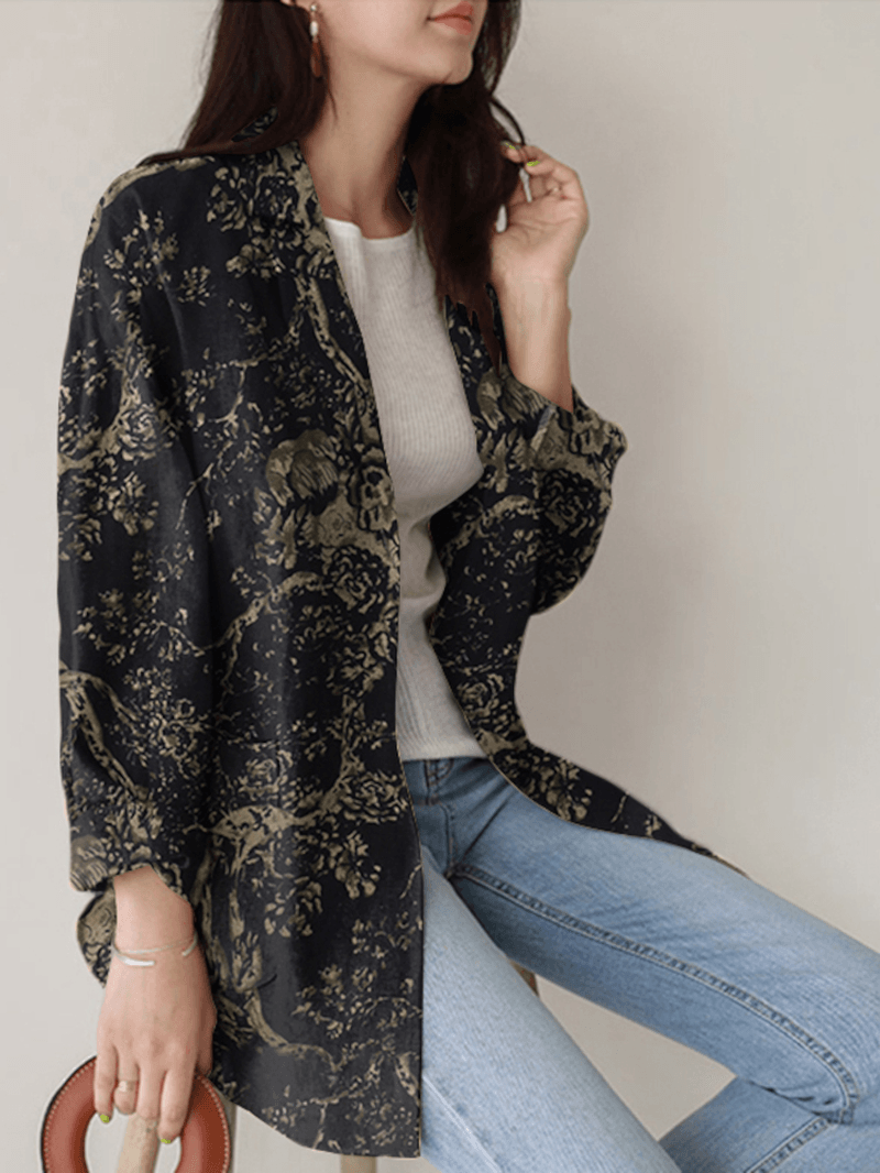 Women Loose Lapel Full Sleeve Floral Casual Side Pockets Coat - MRSLM