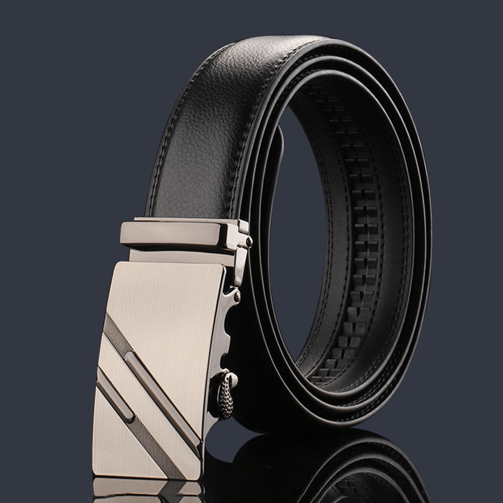 Men Genuine Leather Rectangular Automatic Buckle Ratchet Belt Business Casual Scratch-Resistant Cowhide Belt - MRSLM