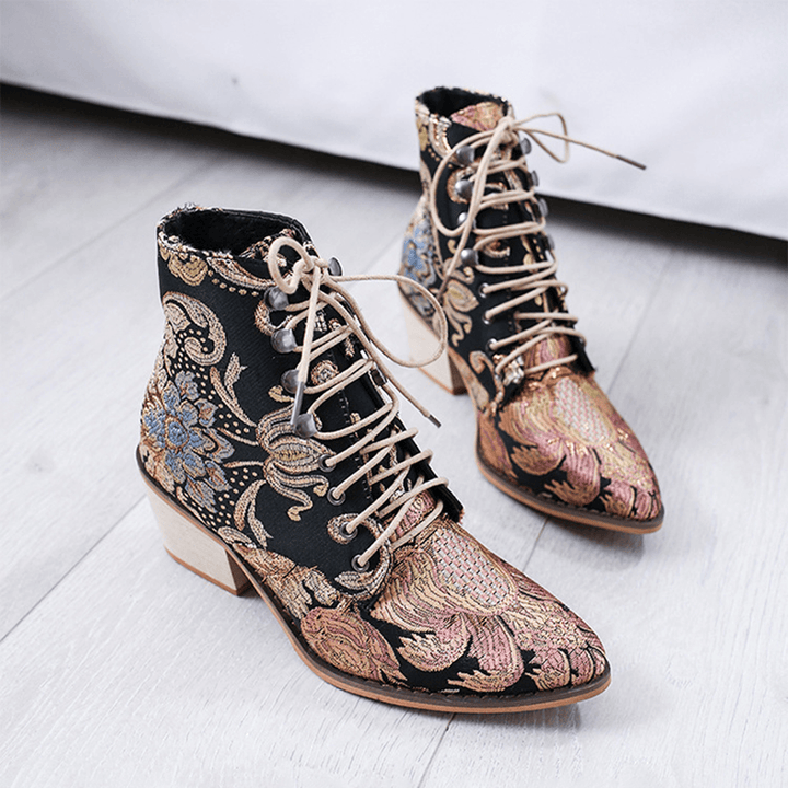 Women Pointed Toe Embroideried Lace up Block Boots - MRSLM