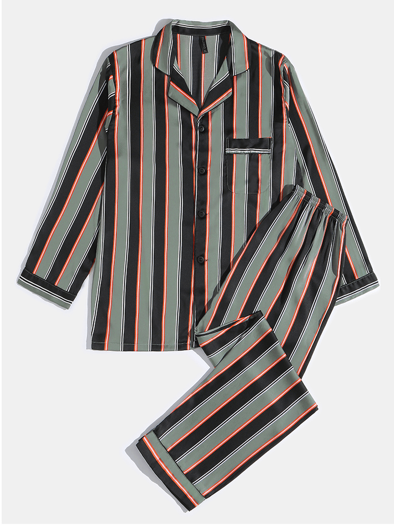Mens Stripe Print Lapel Long Sleeve Shirt Elastic Waist Pants Home Pajama Set - MRSLM