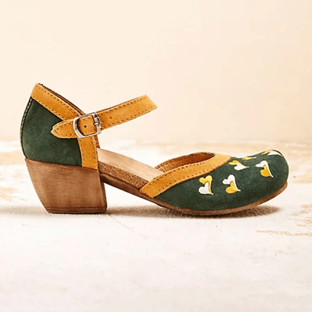 LOSTISY Women Embroidery round Toe Ankle Strap Comfy Casual Heels Pumps - MRSLM