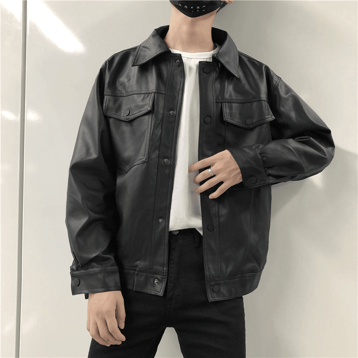 Men'S Leather Jacket Men'S Youth Loose Lapel Workwear Pu Leather Jacket - MRSLM