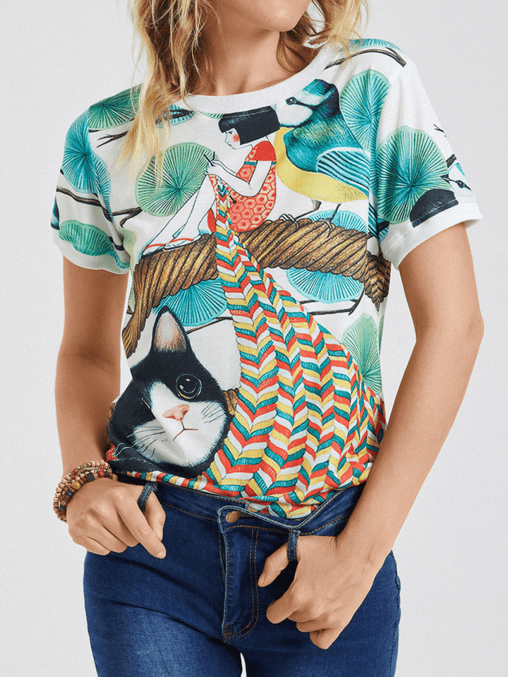 Cartoon Cat Girl Print O-Neck Short Sleeve Casual T-Shirt for Women - MRSLM