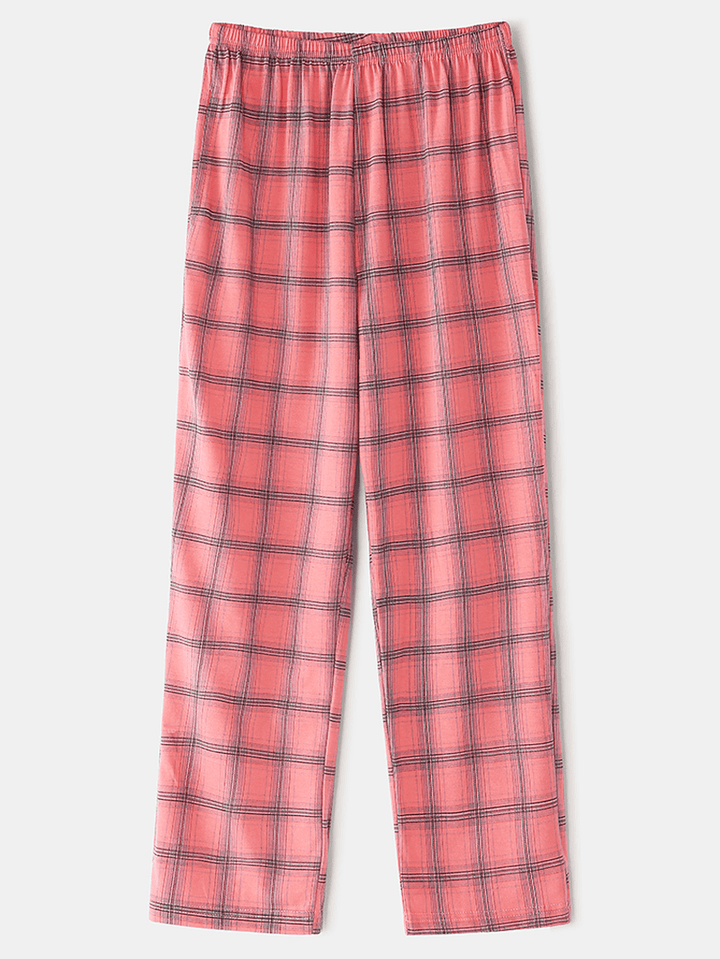 Women Plaid Print Revere Collar Chest Pocket Shirt Elastic Waist Pants Two Piece Pajama Set - MRSLM