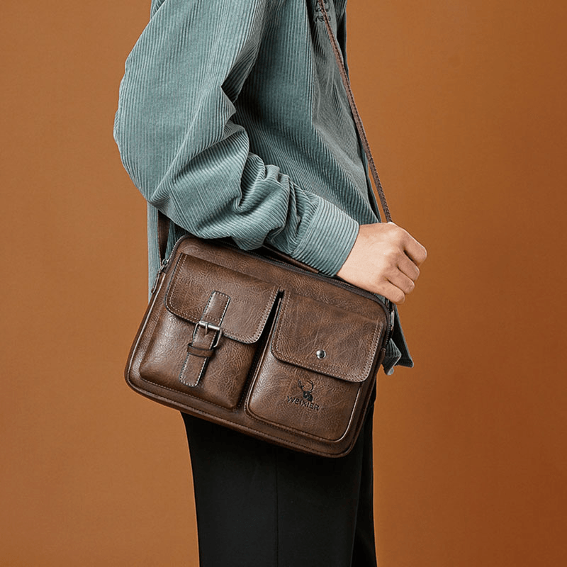 Men Horizontal Large Capacity PU Leather Crossbody Bags Waterproof Wear-Resistant Messenger Bag Shoulder Bag Handbag - MRSLM