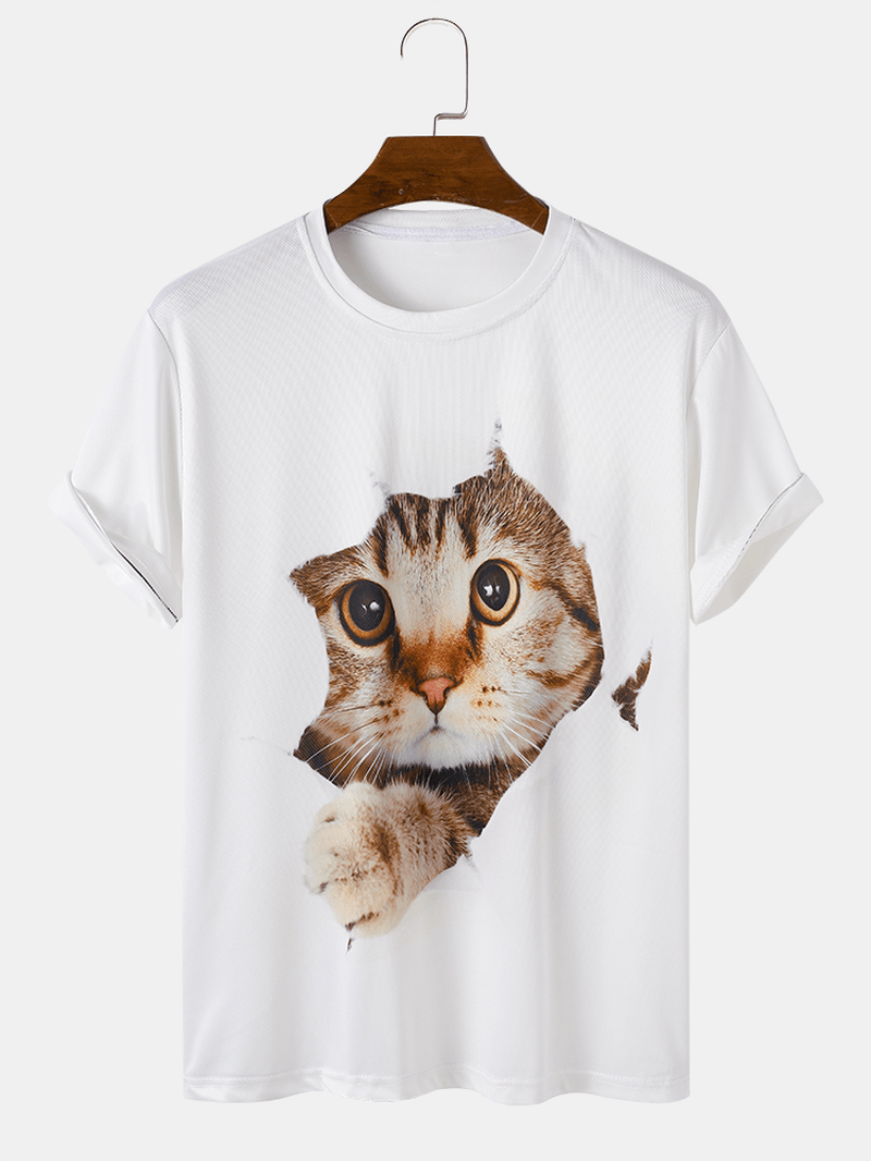 Mens 3D Cute Cat Print Solid Casual Loose Short Sleeve T-Shirt - MRSLM
