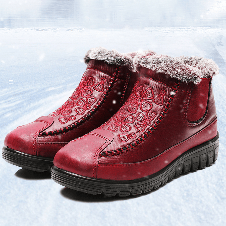 Women Comfy Floral Embroidered Waterproof Warm Lining Cotton Snow Boots - MRSLM