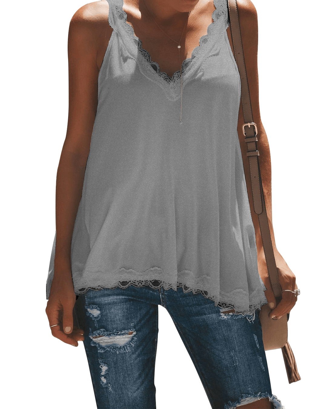 Casual Summer V-Neck Lace Patchwork Sleeveless Tank Top - MRSLM