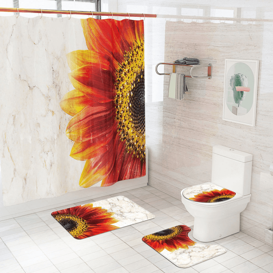 Waterproof Bathroom Shower Curtain Pedestal Rug Lid Toilet Cover Mat Bath Mat Set for Home Decoration - MRSLM
