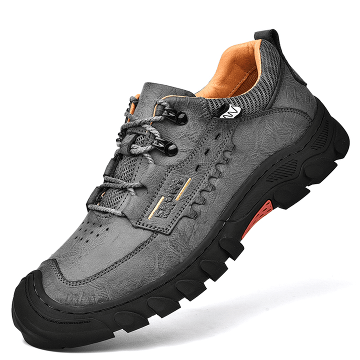 Men Genuine Leather Slip Resistant Lace-Up Casual Sport Hiking Shoes - MRSLM
