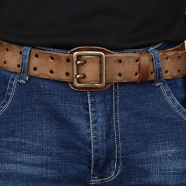 Men Genuine Leather Hollow 120CM Anti-Allergic Double Pin Buckle Breathable Jeans Suits Belt - MRSLM