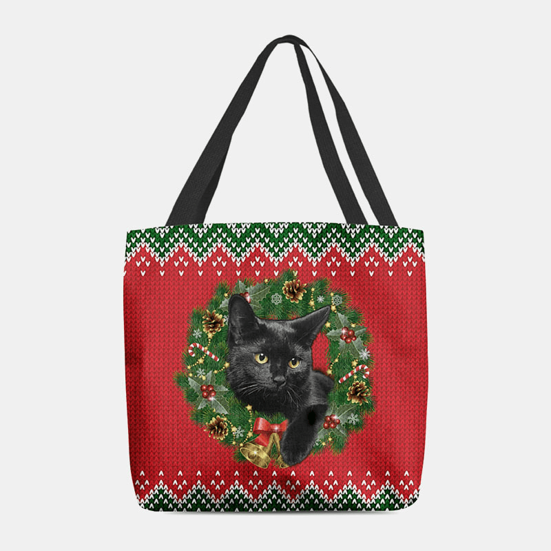 Women Felt Cartoon Festive Classic Color Christmas Wreath Cat Pattern Shoulder Bag Handbag Tote - MRSLM