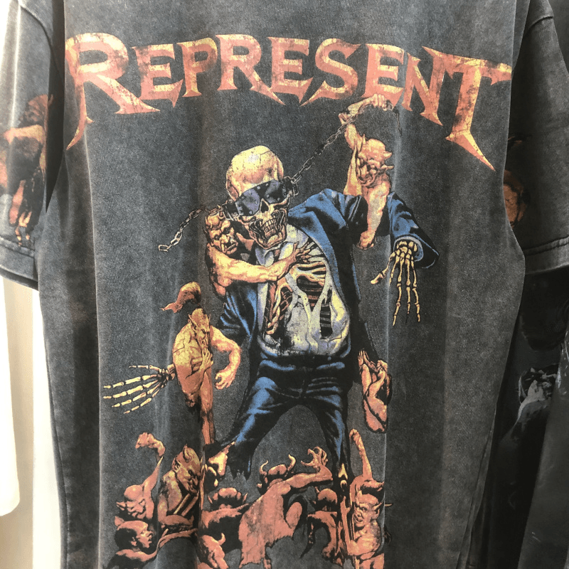 Skull Print Washed Distressed Hip Hop Loose Men'S Short Sleeve T-Shirt - MRSLM