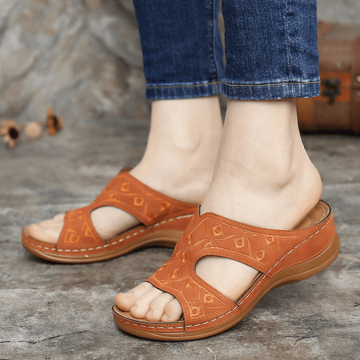 LOSTISY Women Embroidery Open Toe Comfy Casual Slip on Summer Wedge Sandals - MRSLM
