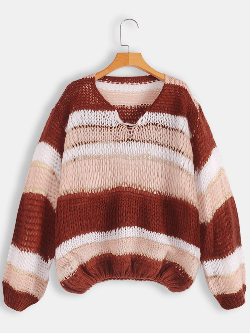 Women Casual Striped V-Neck Sweaters - MRSLM