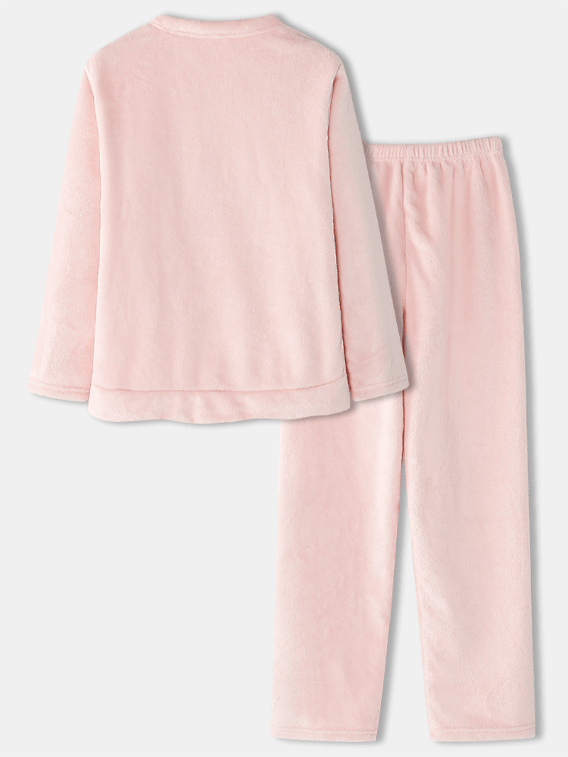 Women Flannel Pig Graphics Long Sleeve Sweatshirts Elastic Waist Pants Thicken Home Pajama Set - MRSLM