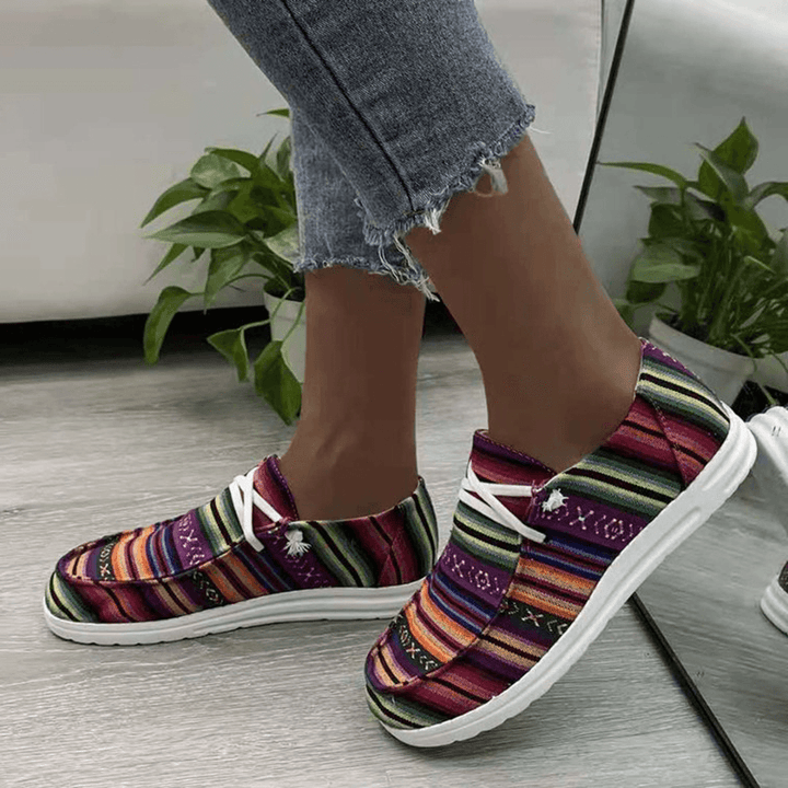 Women Large Size Stripe Printing Leopard Canvas Elastic Band Lace up Casual Flat Shoes - MRSLM