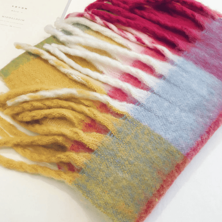 Women Faux Cashmere Rainbow Patchwork Color Thick Warm Plaid Pattern Tassel Shawl Scarf - MRSLM