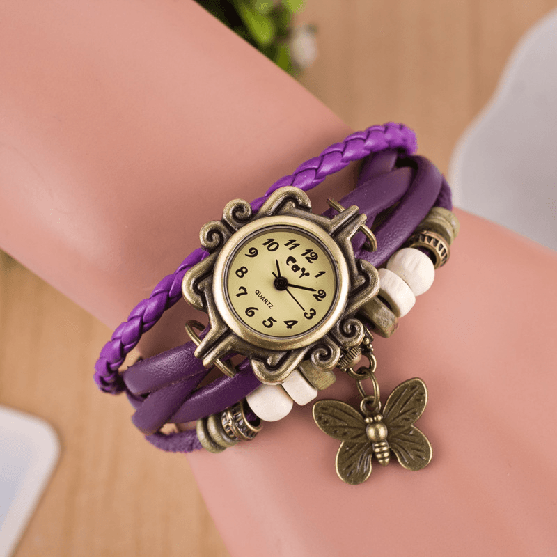 Deffrun Retro Style Multilayer Women Bracelet Watch Butterfly Pendant Quartz Watches - MRSLM
