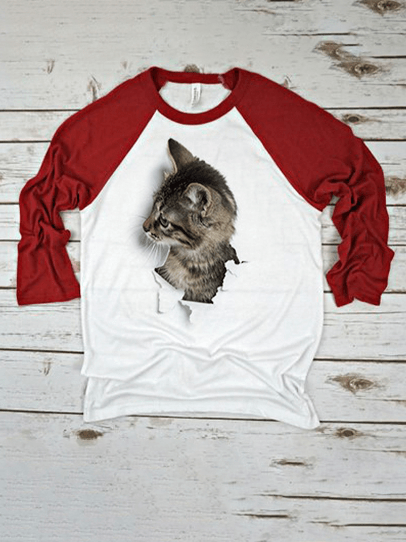 Women 3D Cat Patchwork Raglan Sleeve round Neck Casual T-Shirt - MRSLM