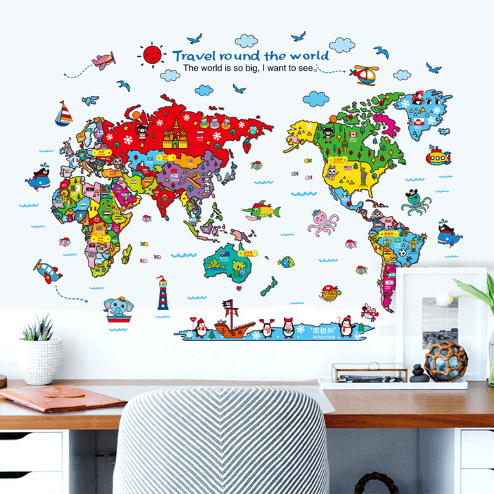 Cartoon Animals World Map Wall Stickers for Kids Room Decorations Safari Mural Art Zoo - MRSLM