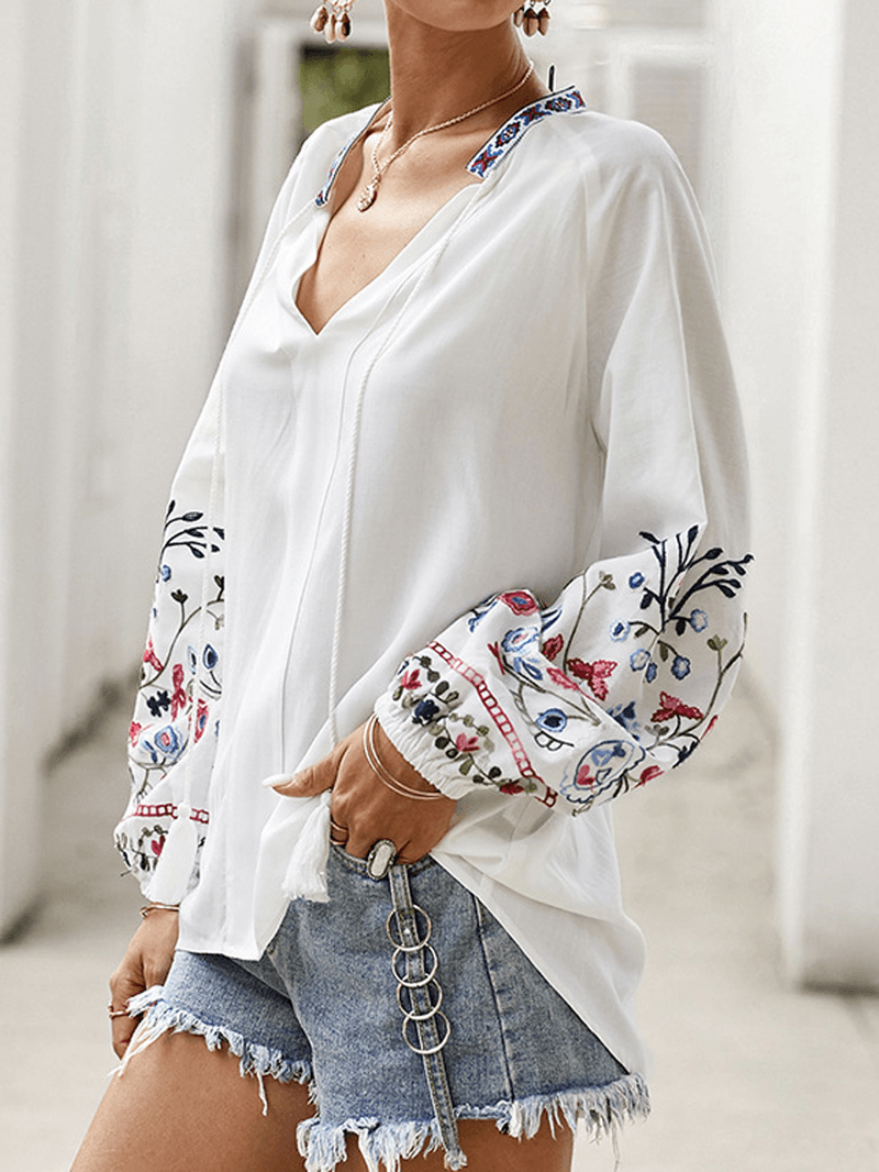 Flower Embroidery V-Neck Drawstring Cuffs Casual Blouse - MRSLM