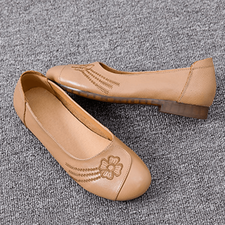 Women Brief Floral Pattern Cowhide Leather round Toe Soft Sole Comfy Slip on Flats - MRSLM